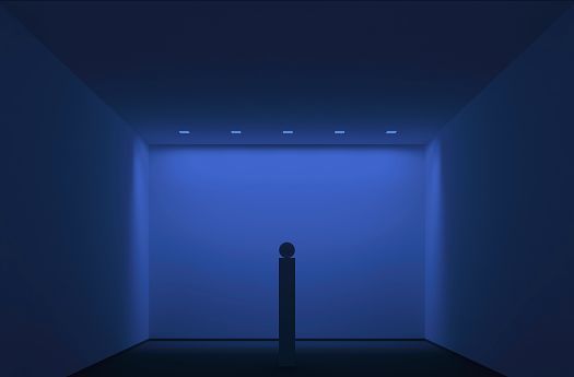 Blue room with sculpture, illuminated by ERCO lighting. Focus on light color and spatial effect.