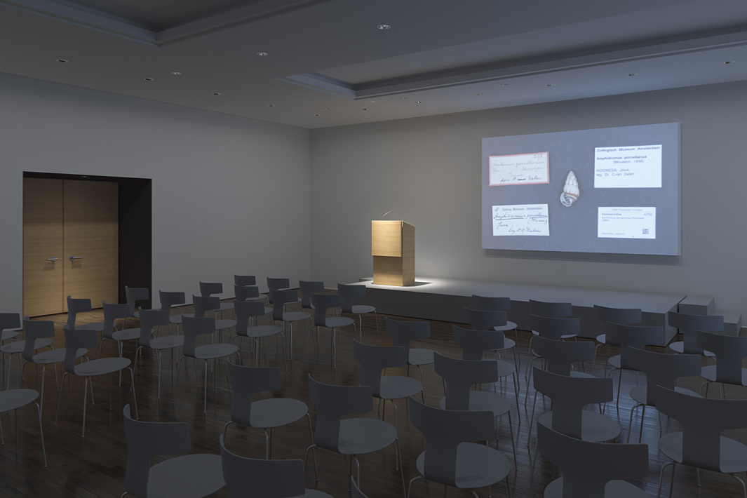 An empty conference room with ERCO lighting, designed for presentations and meetings.