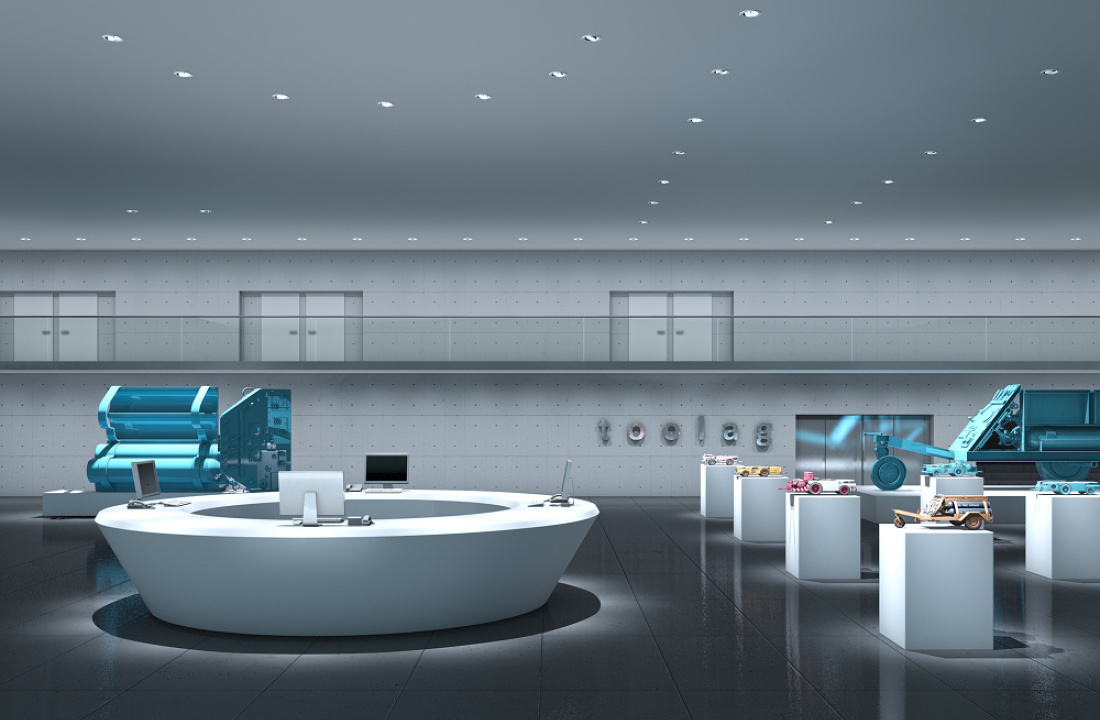 ERCO company foyer: Product presentation with accent lighting and wallwashing for differentiated lighting effects.