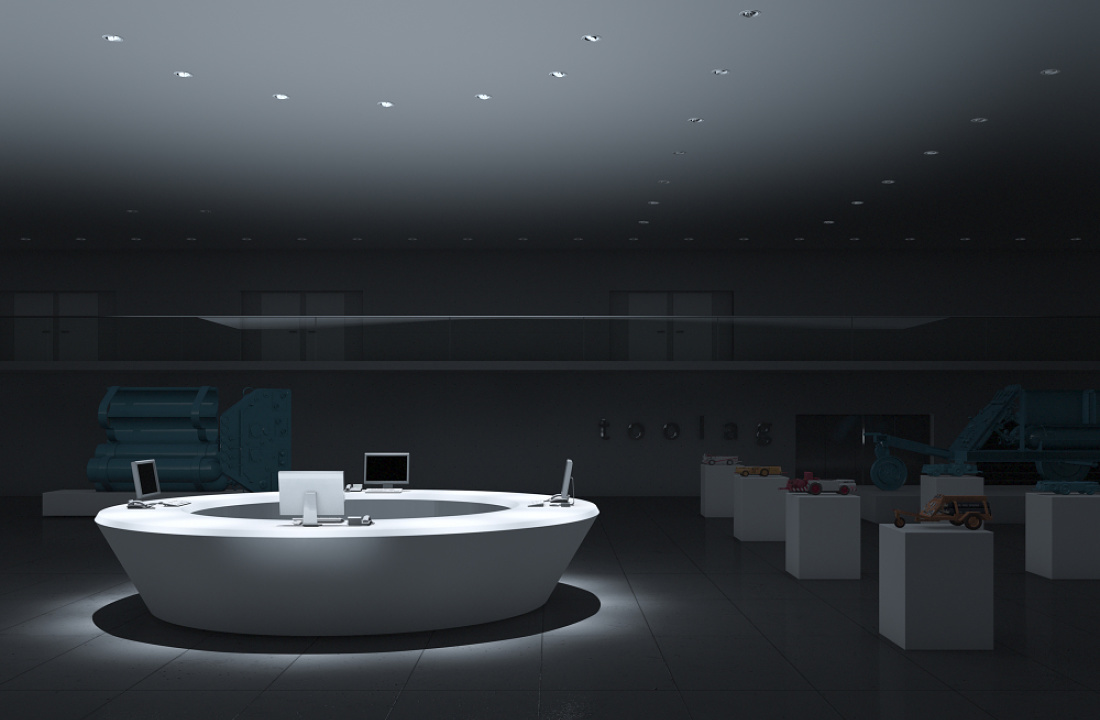 ERCO company foyer featuring product displays, accentuated by directional lighting and wallwashing for orientation and product presentation.
