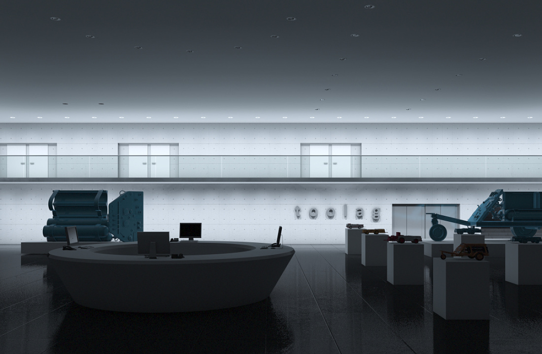 Company foyer featuring product displays, illuminated with ERCO lighting solutions for effective product presentation.