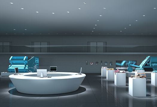 ERCO company foyer featuring product displays accentuated by recessed ceiling luminaires.