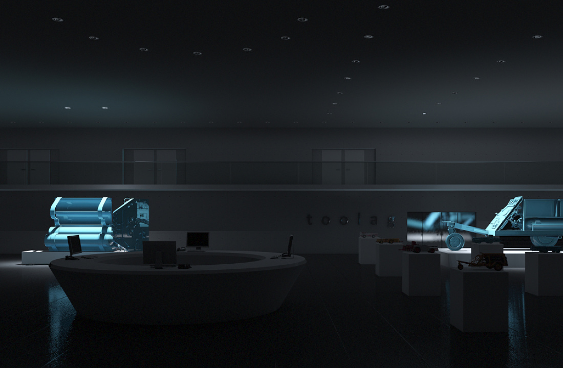 ERCO company foyer featuring product displays with accent lighting for wayfinding and presentation.