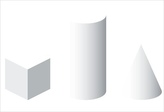 Illustration of a cube, cylinder, and cone demonstrating shape constancy.
