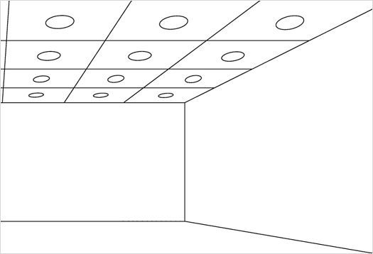 Sketch of a room with ceiling lights, demonstrating brightness constancy.