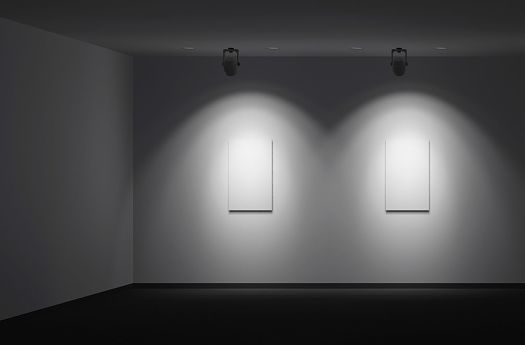 Gallery space featuring two illuminated canvases, highlighting contrast vision.