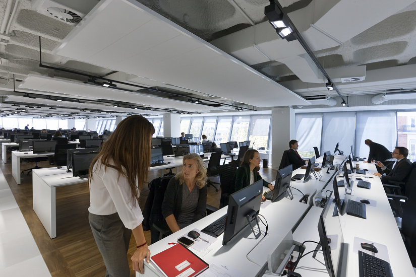 Illuminazione ERCO su binario in ufficio moderno, per luce flessibile ed ergonomica.