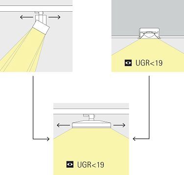 Downlight ERCO per binari elettrificati: illuminazione ufficio flessibile con UGR<19 per comfort visivo.
