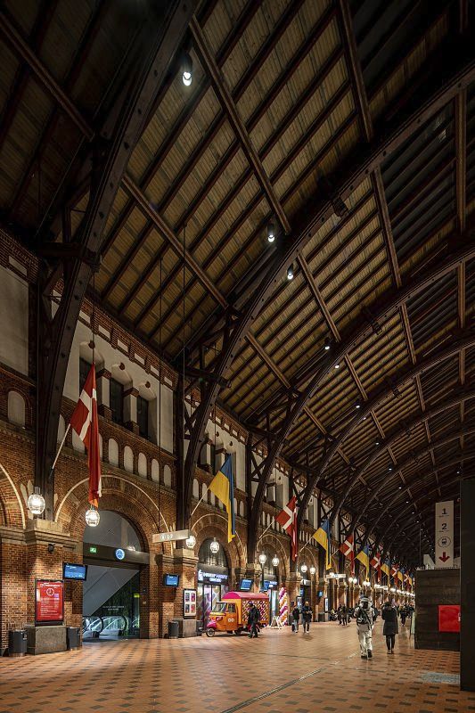 LED lighting enhances the historic architecture of Copenhagen Central Station.