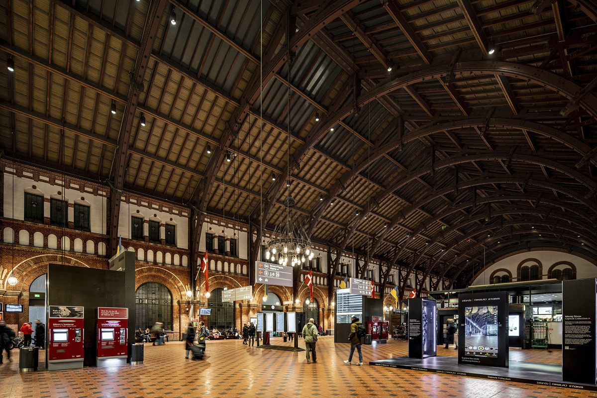 LED lighting at Copenhagen Central Station, enhancing safety and brightness with ERCO downlights.