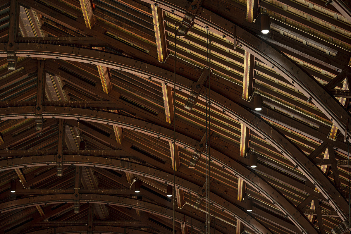 LED lighting on the historic ceiling structure at Copenhagen Central Station.
