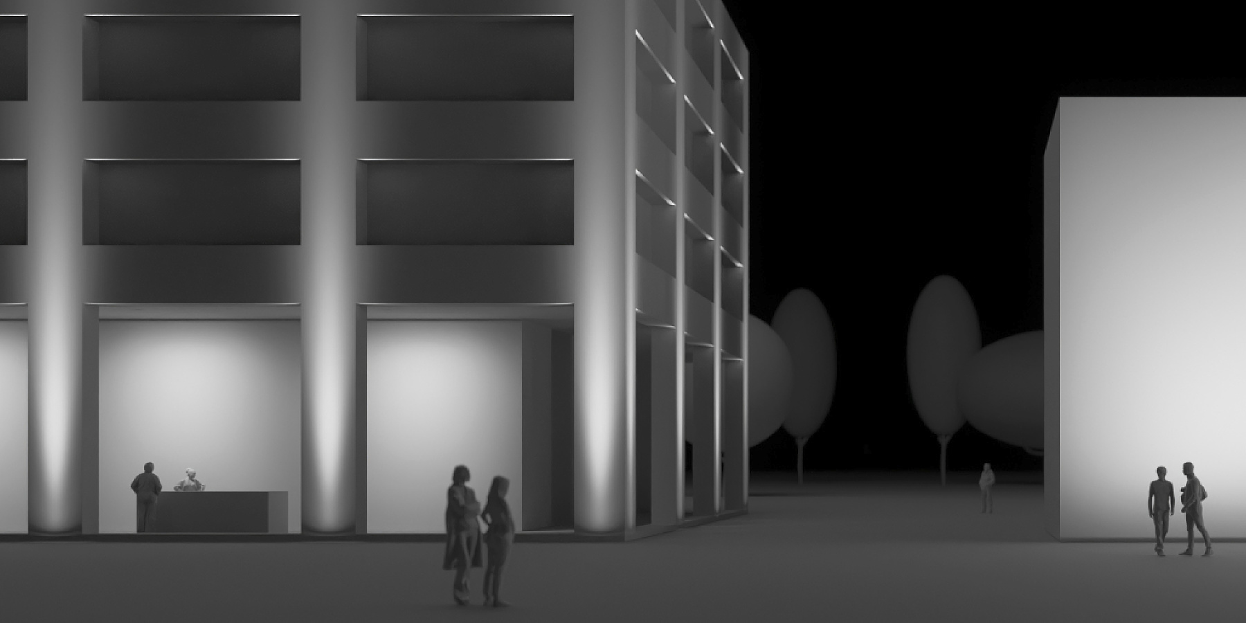 Facade lighting displaying a modern building with ERCO lighting technology for effective urban space presentation.