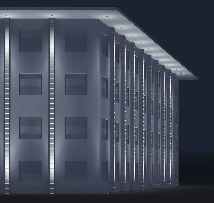 Facade lighting of a modern building using ERCO lighting solutions.