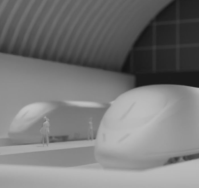 Model of a train station with a high-speed train and people, focusing on station lighting.