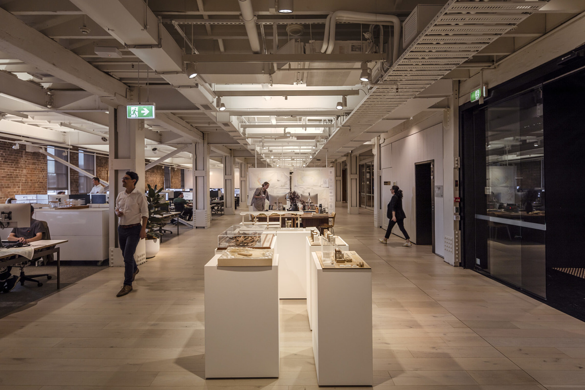 ERCO Jilly downlights illuminate the Cox Architecture office in Sydney, providing flexible and comfortable office lighting.