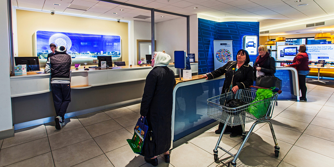 Danske Bank Belfast branch interior with bright LED lighting creating an inviting customer experience.