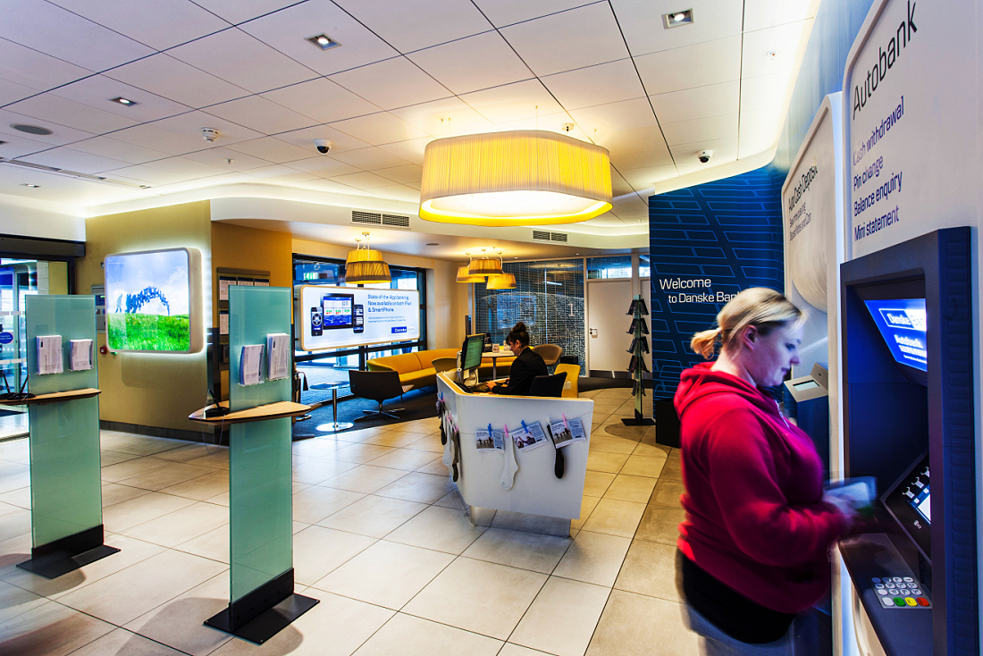 Danske Bank Belfast branch interior featuring ERCO LED lighting, creating a bright and welcoming customer experience.
