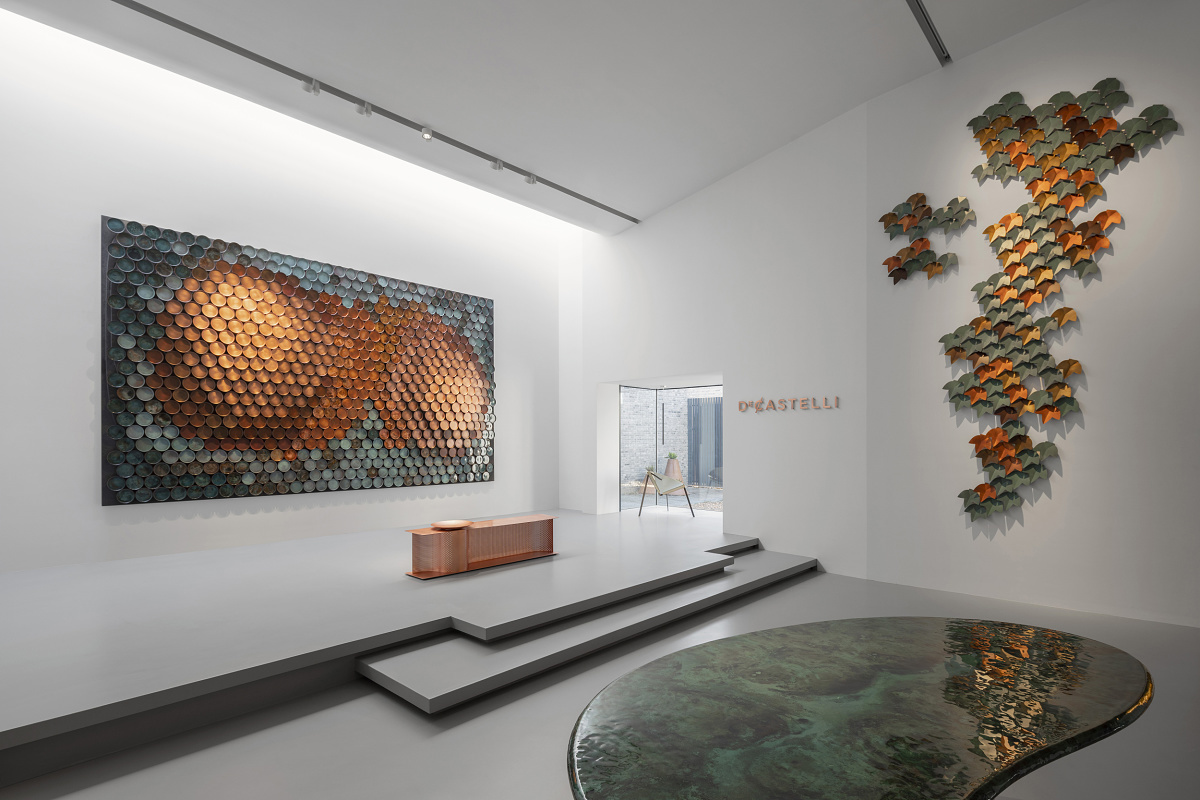 De Castelli showroom, Beijing: ERCO LED spotlights illuminate metal artworks and furniture, accent lighting.