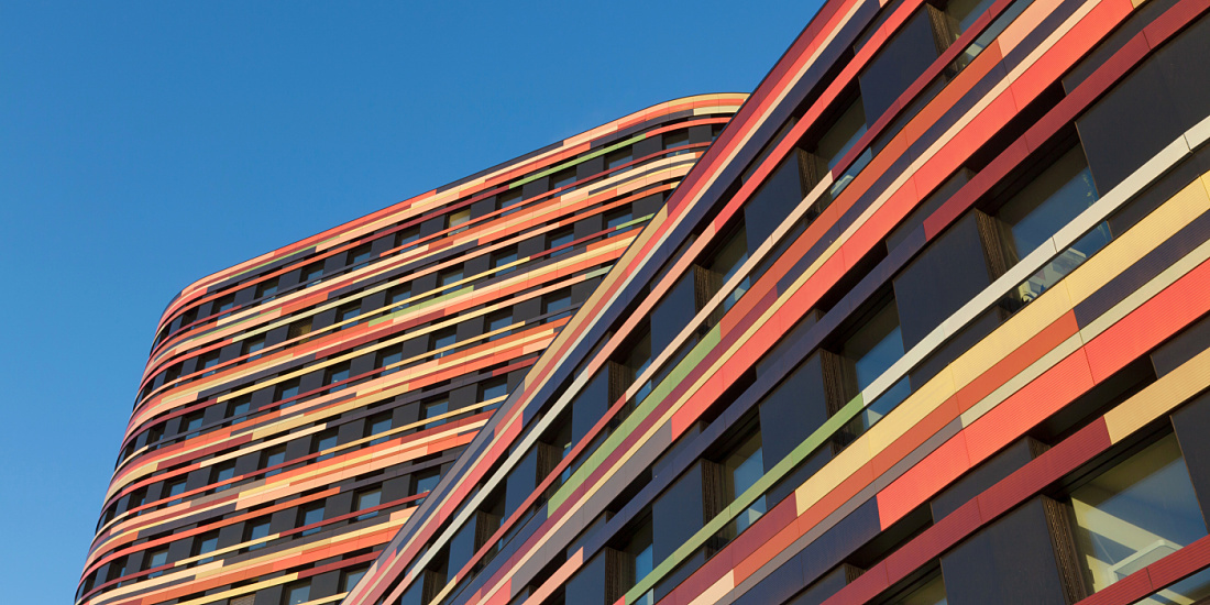 Colorful facade of the Department of Urban Development and Environment in Hamburg, designed by Sauerbruch Hutton.