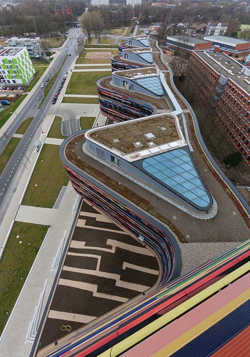 Aerial view of the colorful Department of Urban Development and Environment (BSU) building in Hamburg, designed by Sauerbruch Hutton.