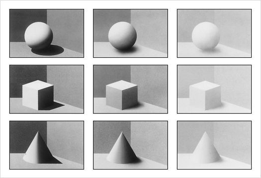 Illustration of directional light effects on a sphere, cube, and cone.