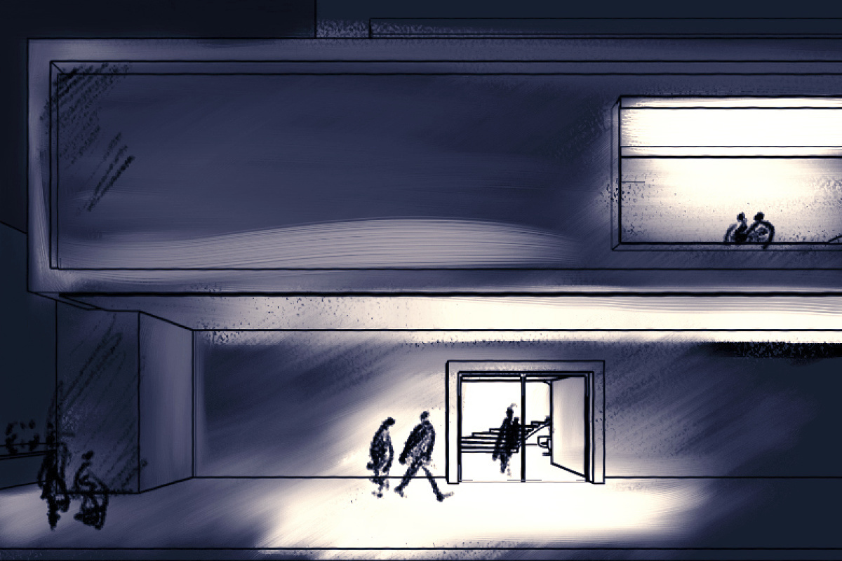 Sketch of a building at night, highlighting lighting design and architectural elements.
