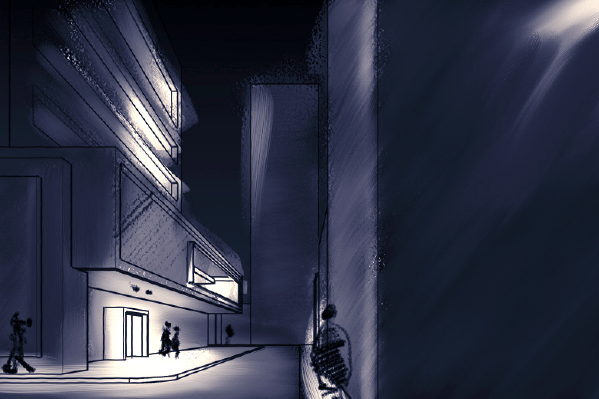 Sketch of an illuminated building at night, showcasing lighting effects with ERCO light planning.