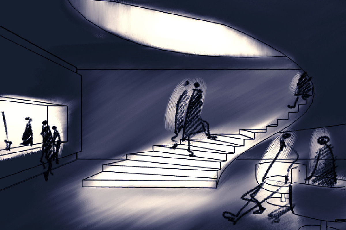 Sketch of interior lighting with stairs and figures, illustrating lighting effects.
