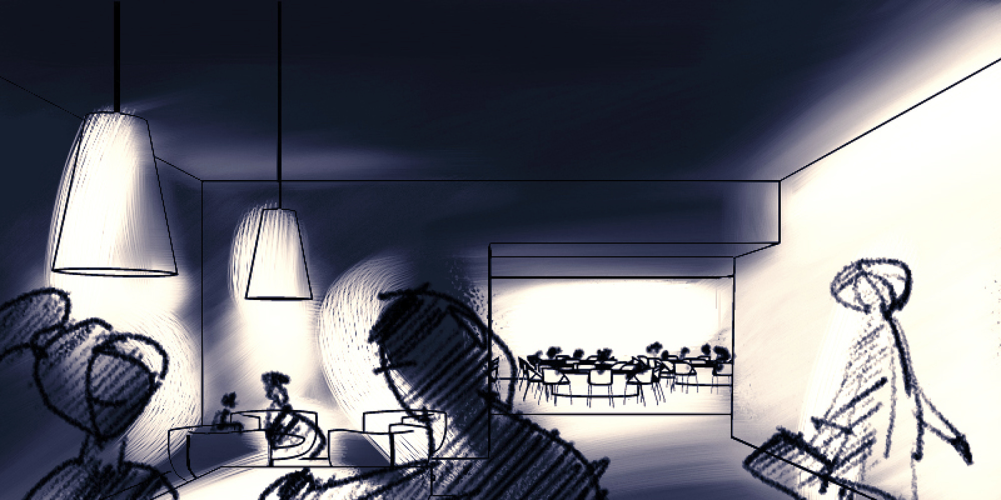 Sketch of a room with ERCO lighting, illustrating light effects and luminaire placement.