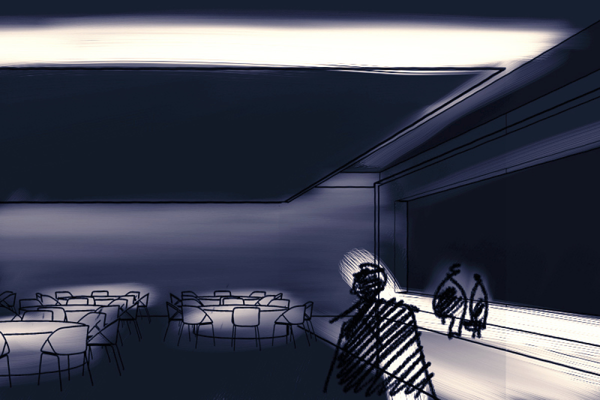 Sketch of a room with tables and lighting, illustrating lighting effects.