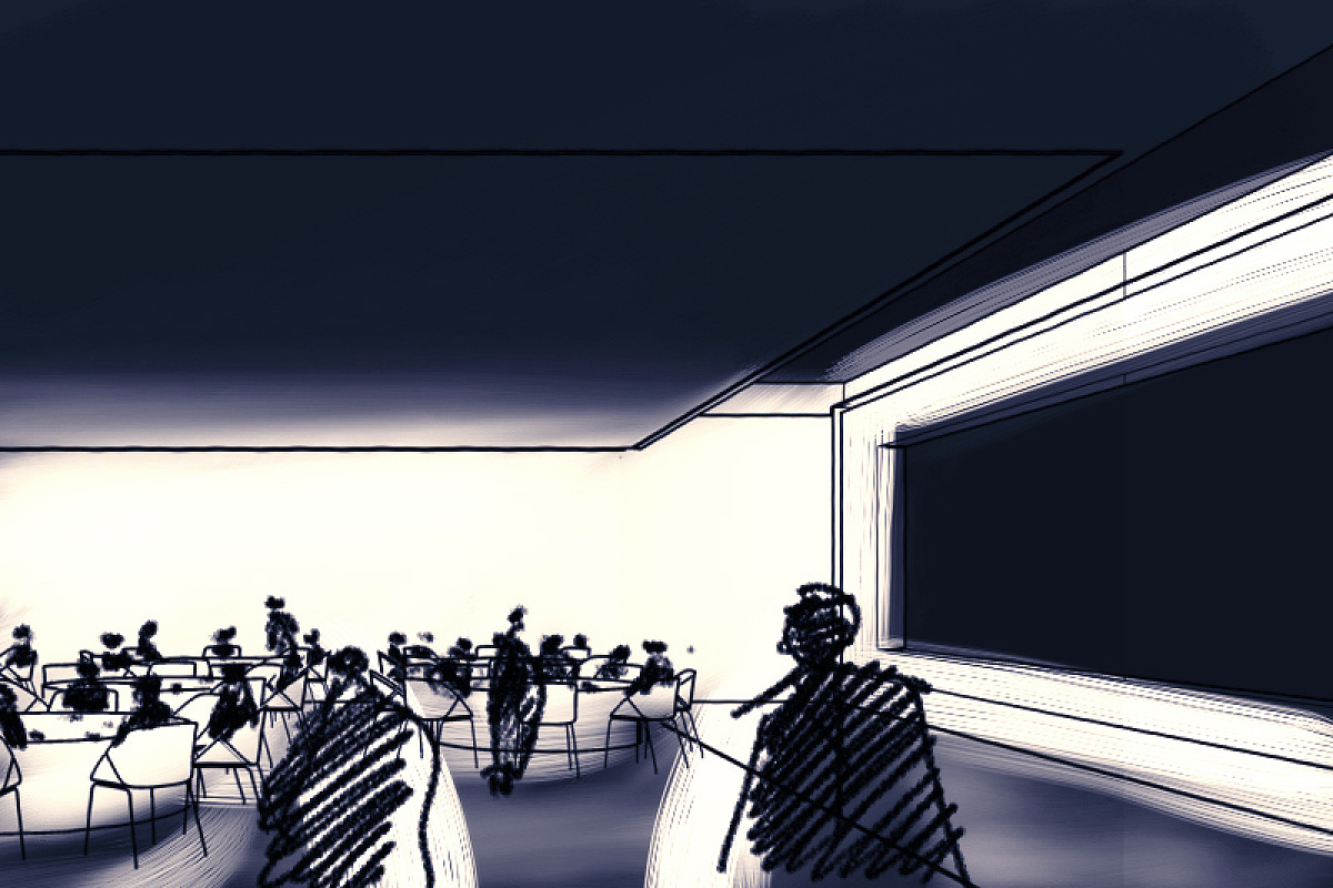 Sketch of a room with lighting, showing light effects and luminaire positioning for ERCO lighting design.