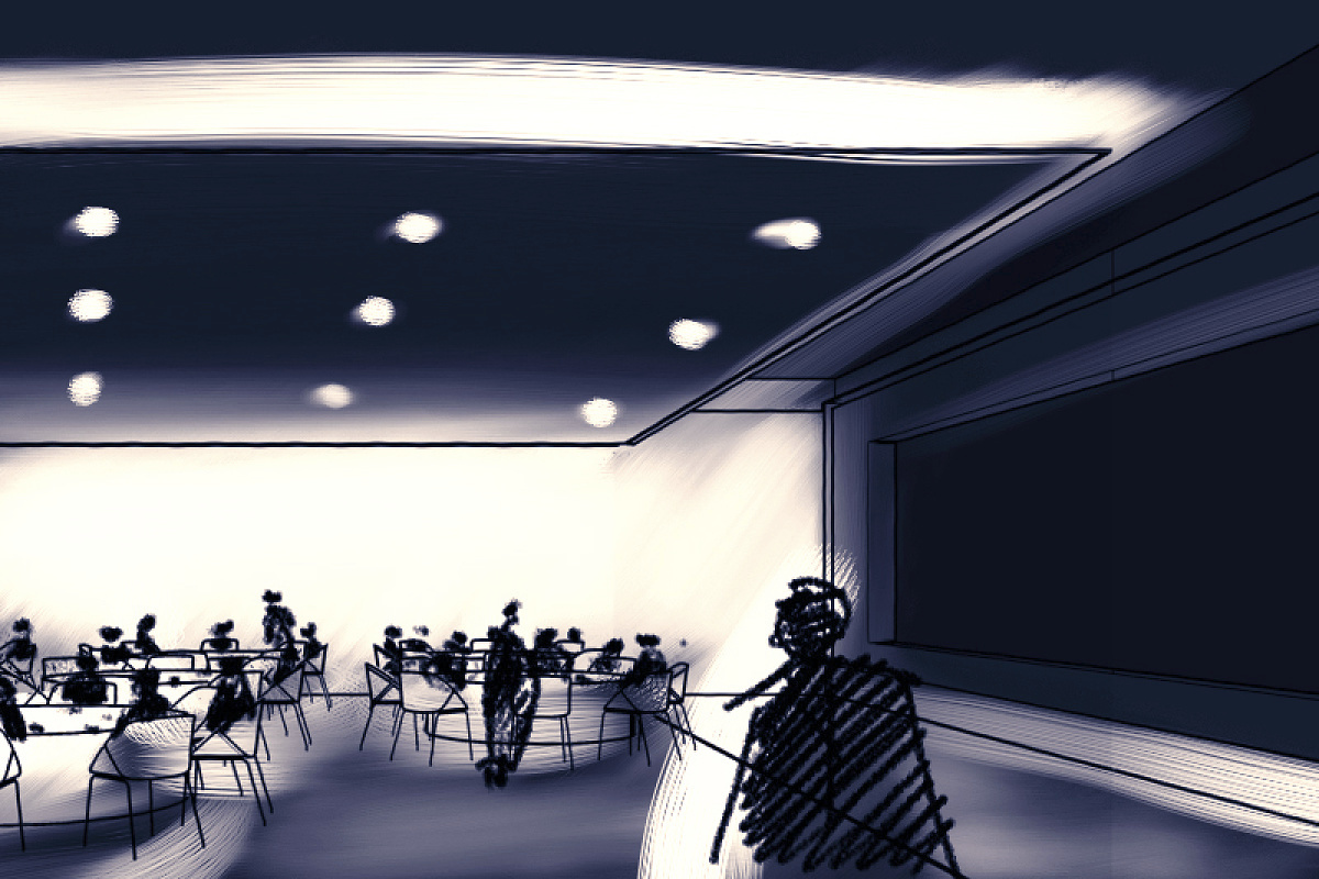 Sketch of a conference room with lighting plan showing luminaire arrangement.