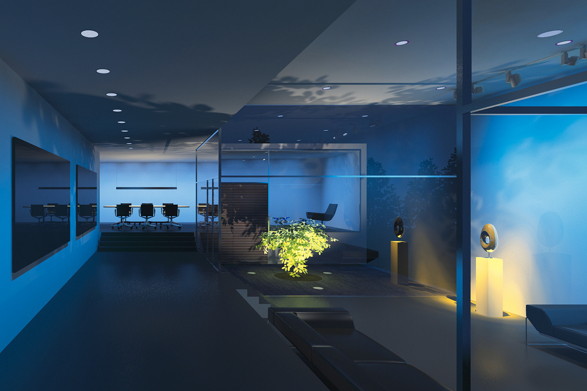 ERCO lighting design showcasing precise illumination in a modern office conference and lounge area.