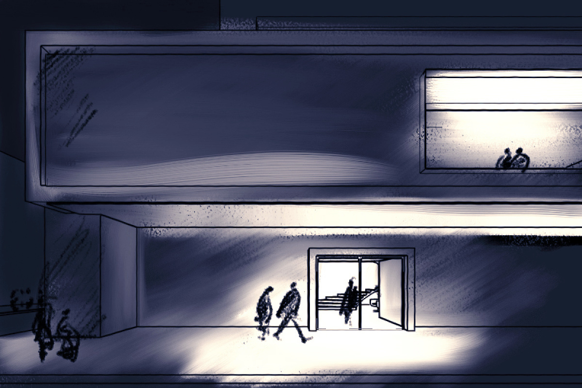 Sketch of a modern building showcasing lighting effects to enhance architectural design.