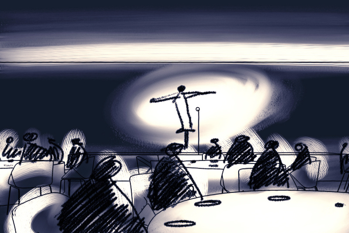 Sketch of a lighting design, showing light effects in a room with people and lighting.