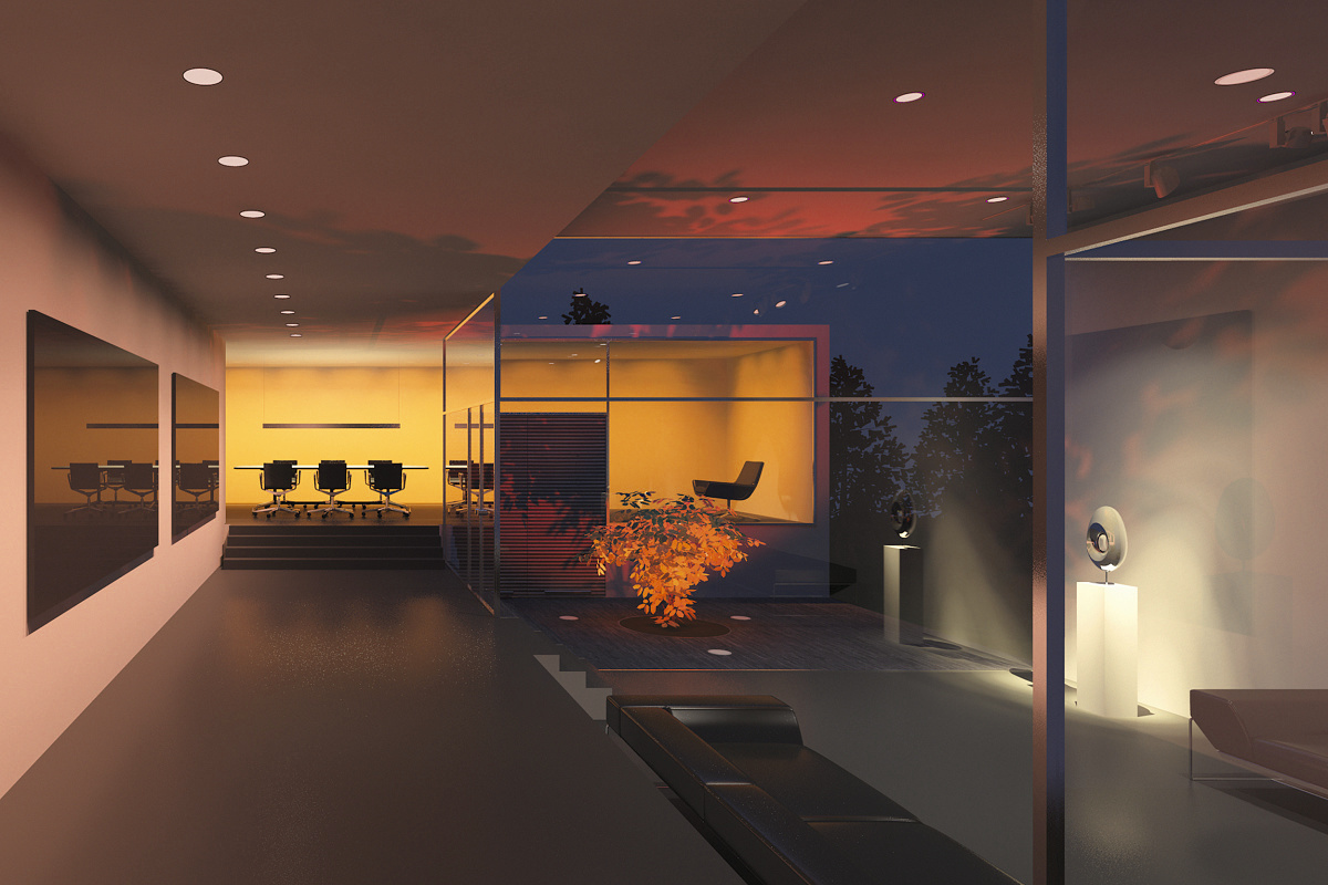 Architectural drawing of a modern office space with ERCO lighting.