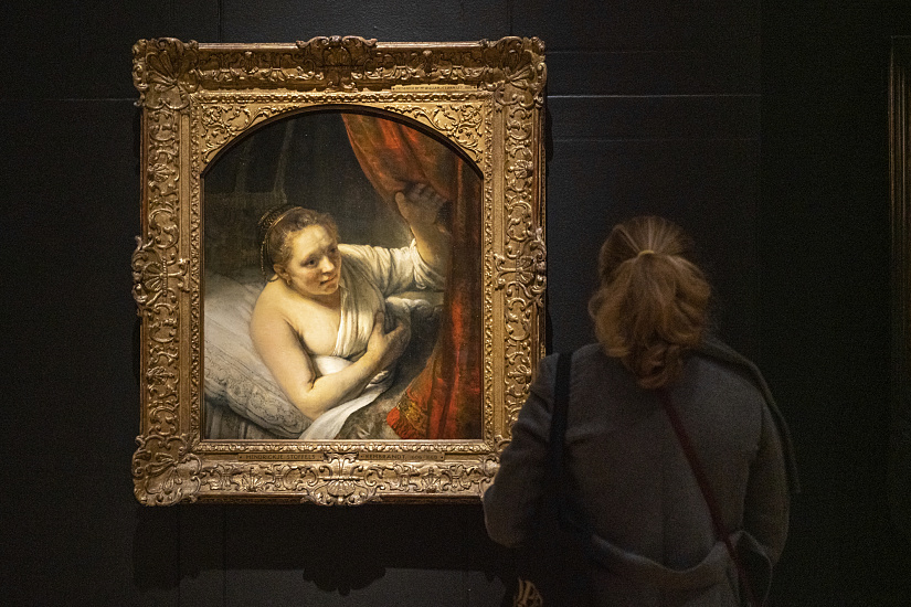 Visitor views Rembrandt's painting at Dulwich Picture Gallery, illuminated by ERCO LED spotlights.