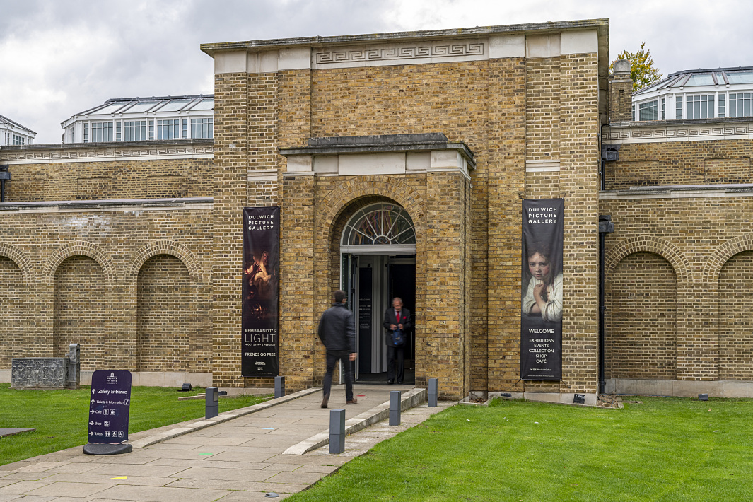 Entrance to Dulwich Picture Gallery featuring signage for the Rembrandt exhibit and ERCO LED lighting.