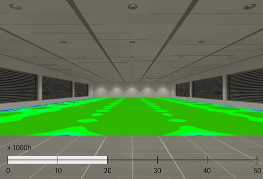 Visualisierung der Lichtverteilung mit ERCO LEDs, die eine hohe Lebensdauer und Lichtqualität in Büroumgebungen gewährleisten.
