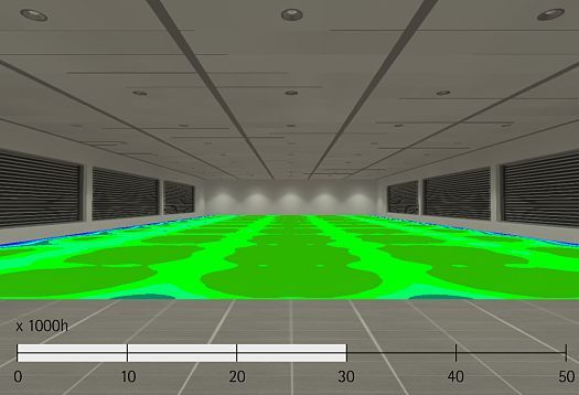 Visualisierung der Lichtverteilung mit ERCO LEDs, die eine hohe Lebensdauer und Lichtqualität in Büroumgebungen gewährleisten.