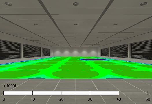 Visualisierung der Lebensdauer von ERCO LEDs (L90/B10) im Vergleich zu Standard LEDs (L70/B50) in einem Büro.