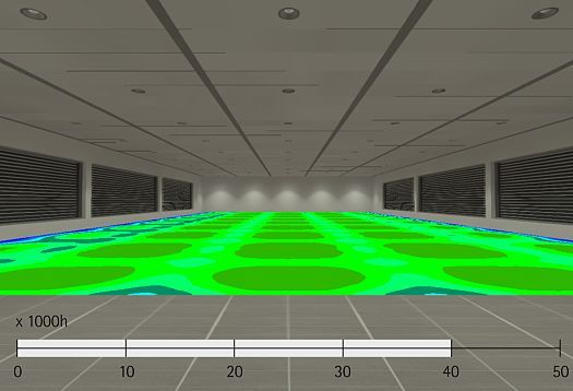 Visualisierung der Lichtverteilung mit ERCO LEDs, die eine hohe Lebensdauer und Lichtqualität demonstrieren.
