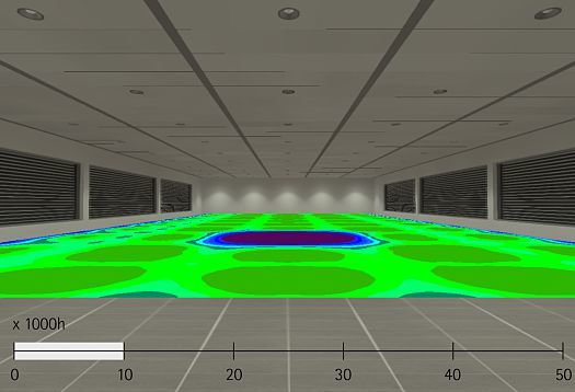 False-color image of illuminance with ERCO LEDs, showing long lifespan and minimal lumen depreciation.