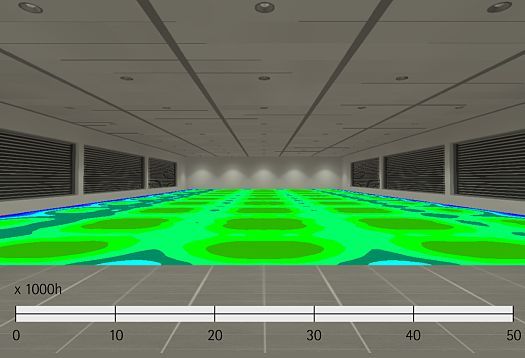 Illuminance visualization of an office with ERCO LEDs over 50,000 operating hours.