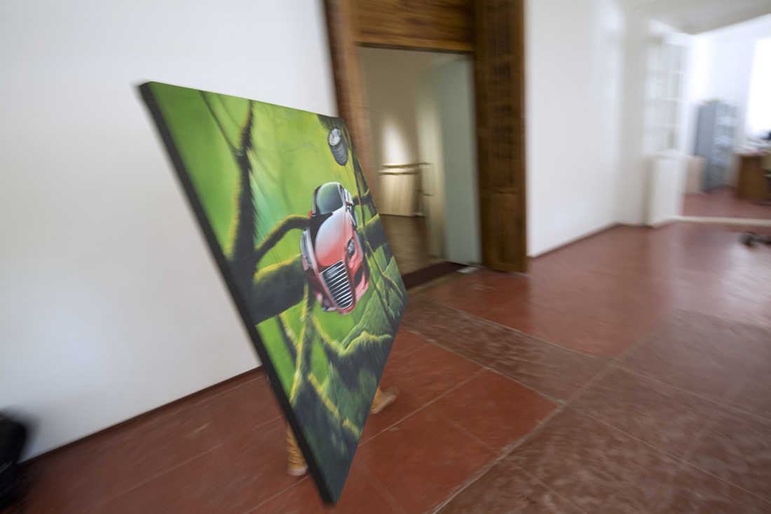 LED-illuminated painting at Durbar Hall, Kochi Biennale art exhibit.