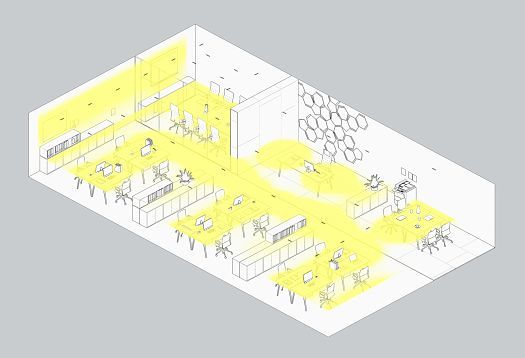 Sketch of an office with ERCO lighting focused on vertical surfaces and work areas.