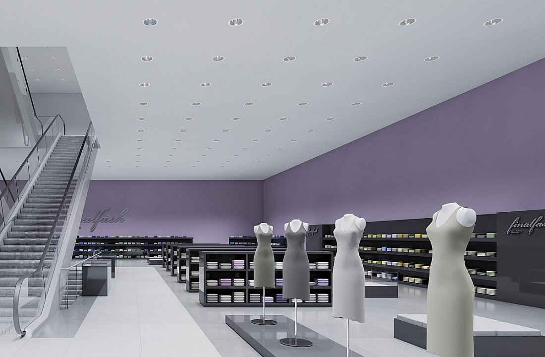 Clothing store featuring LED downlights for efficient merchandise presentation and accent lighting.