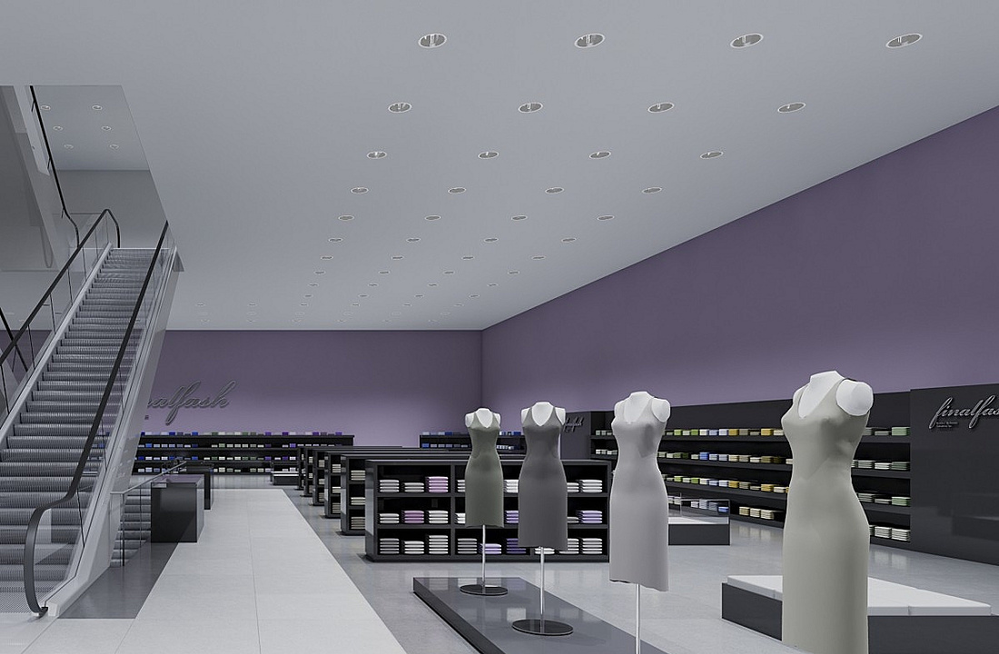 Clothing store interior featuring ERCO lighting, designed for efficient merchandise presentation.