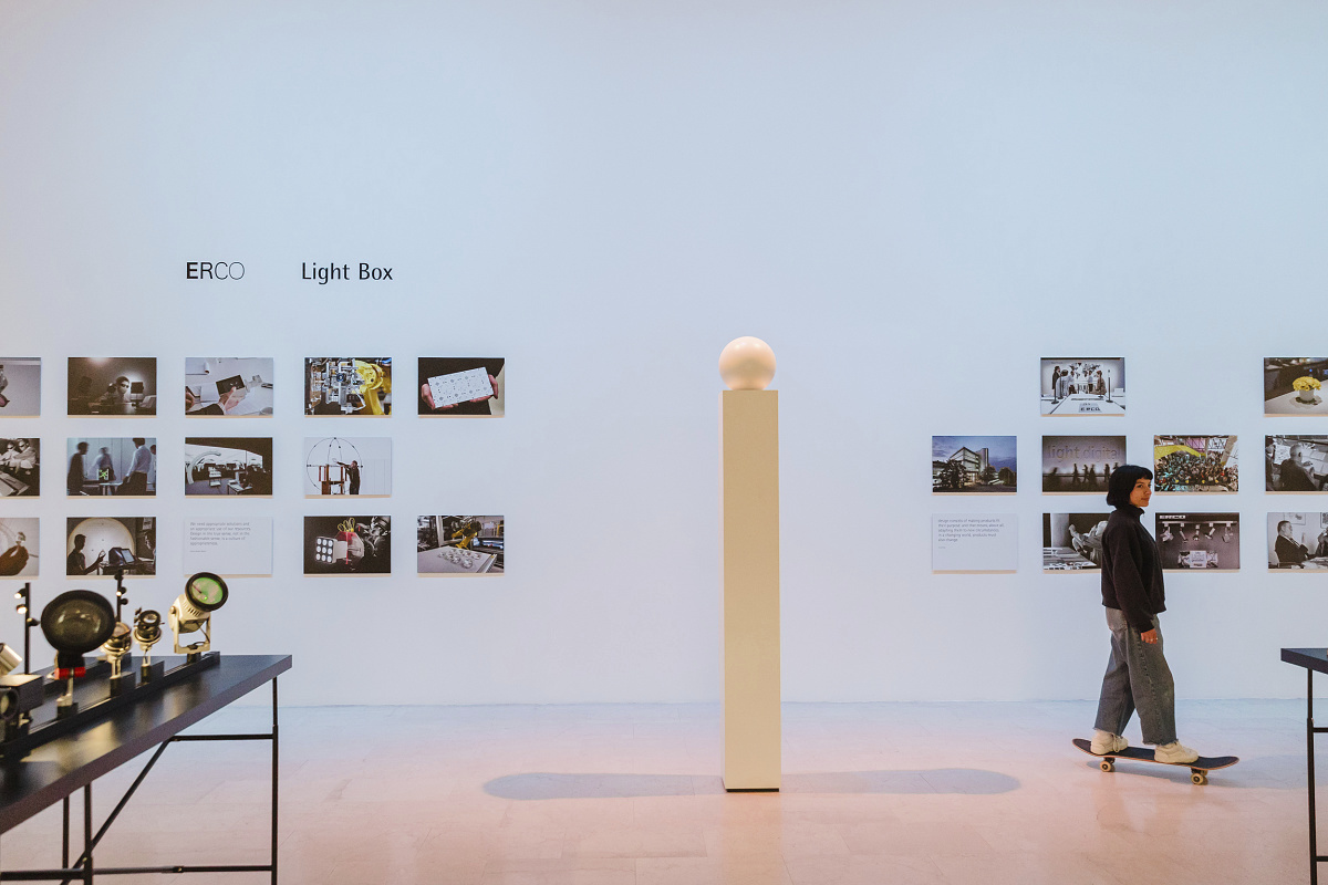 ERCO Light Box exhibit in Milan, featuring LED lighting and photography.