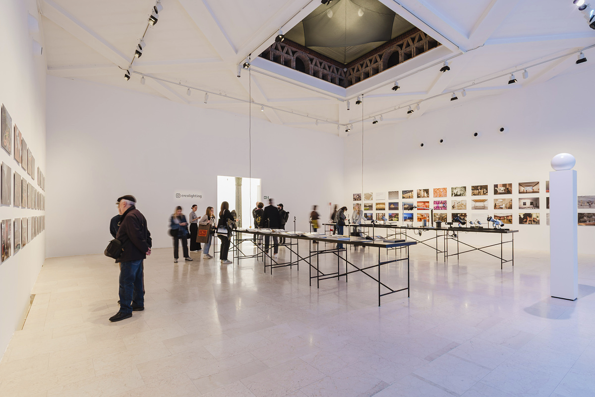 ERCO Light Box exhibit in Milan featuring ERCO LED lighting and visitors.